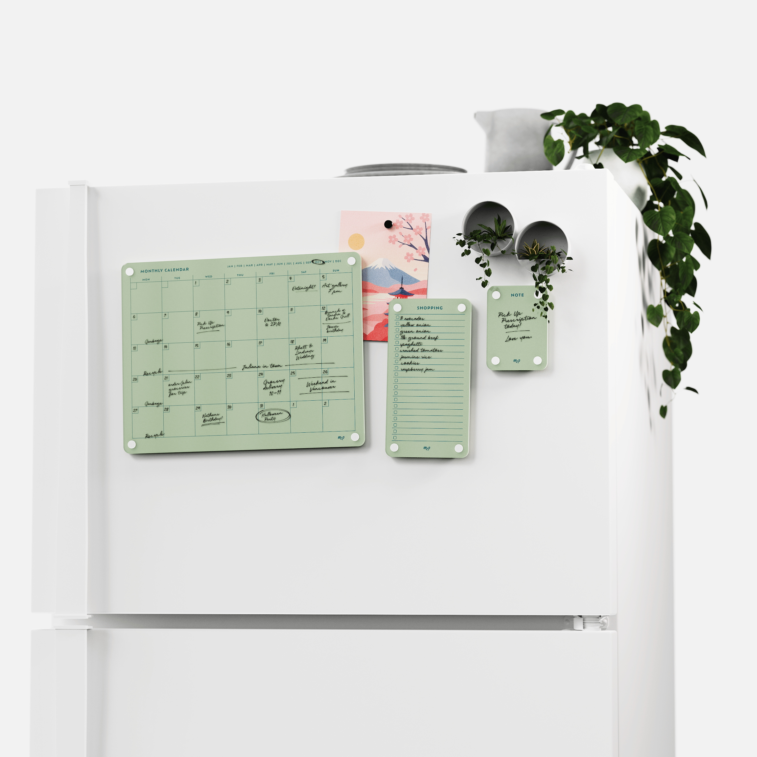 White fridge with the Matcha green monthly calendar, shopping list and note board set, plants on top